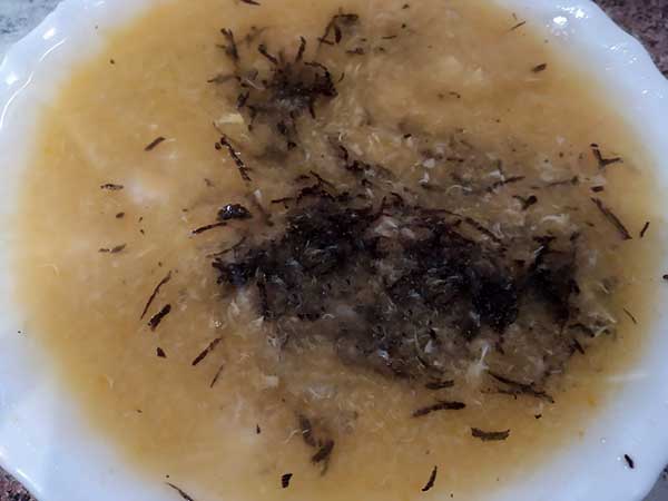 Imagen de un plato de sopa con trufa rallada. 